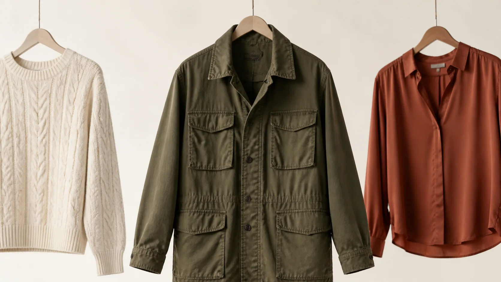 Three curated garments hanging on wooden hangers