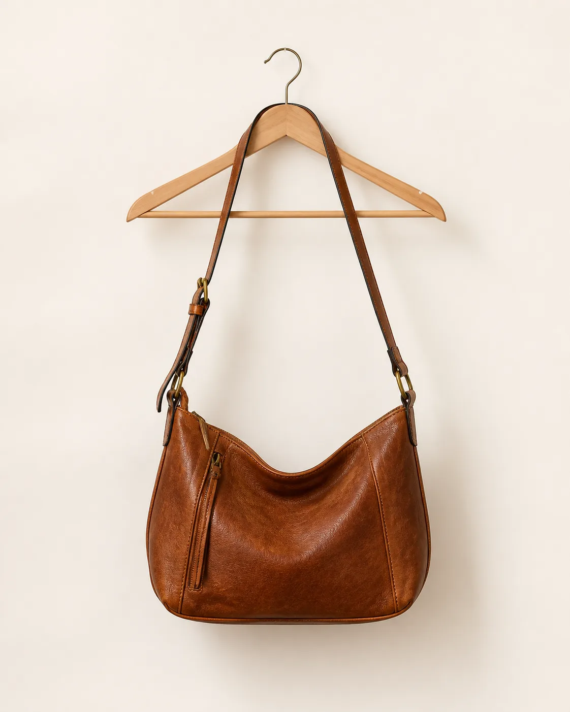 Cognac Leather Shoulder Bag hanging product view