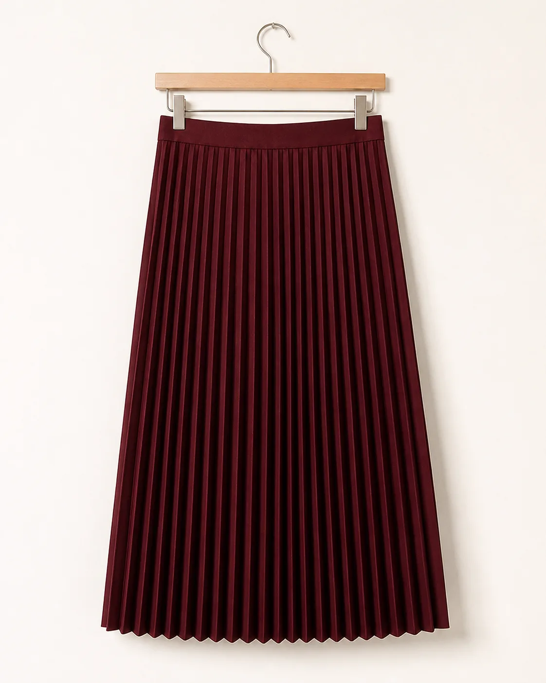 Burgundy Pleated Midi Skirt hanging product view